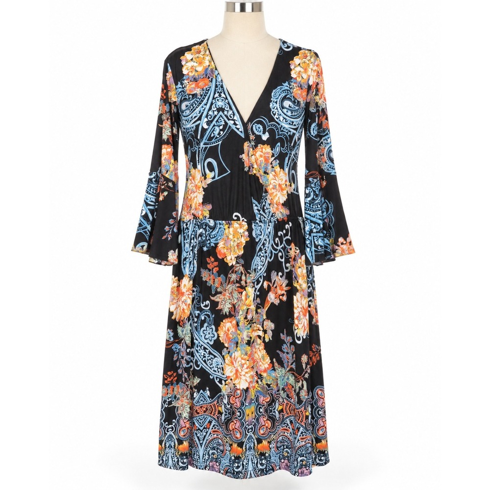 Mlle Gabrielle Paisley Floral Midi Dress Womens 3X Black Boho Bell Sleeve